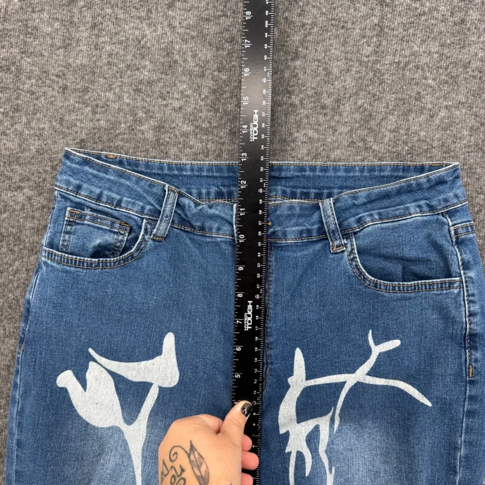 Womens Blue Abstract Graphic Print Distressed Straight Leg High Rise Jeans 30
